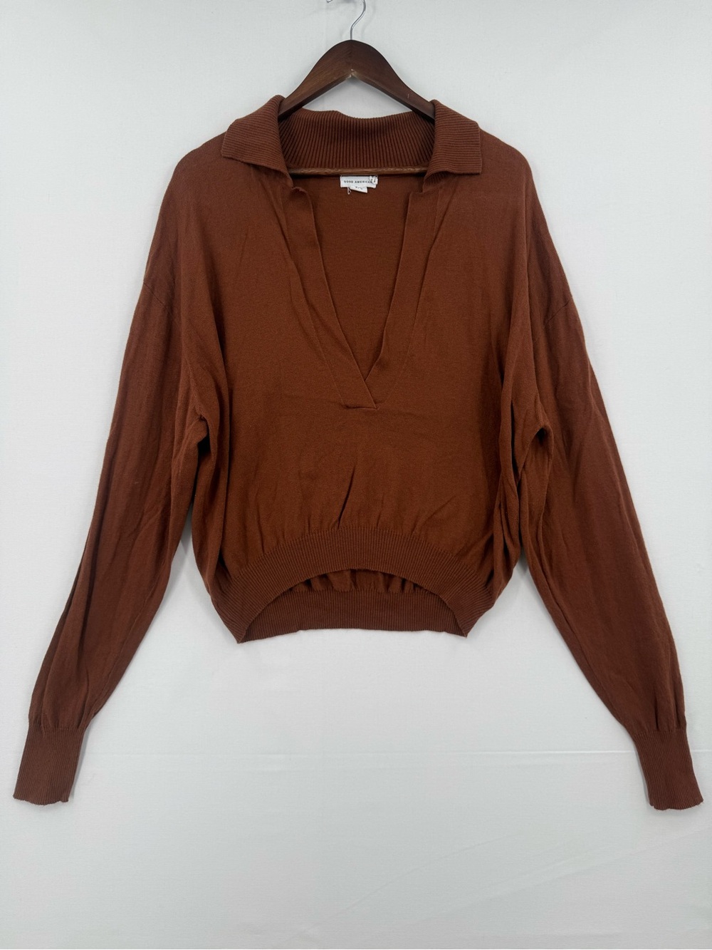 Good American Brown V Neck Collared Sweater Ribbed Pullover Size 3/4